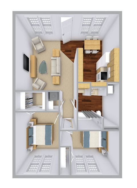 a rendering of a 3d floor plan with an office and a living room